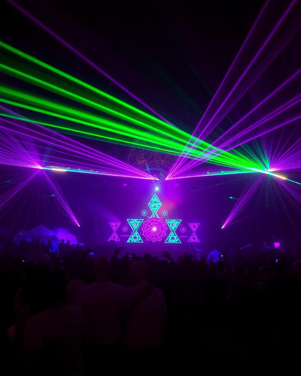 Psychedelic trance festival at night with lasers
